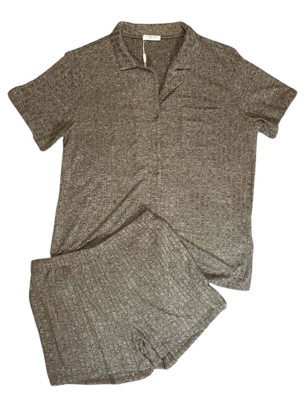 EKOUAER Women’s L Brown Heather Knit Pajama Lounge Set Button Top Shorts NWT